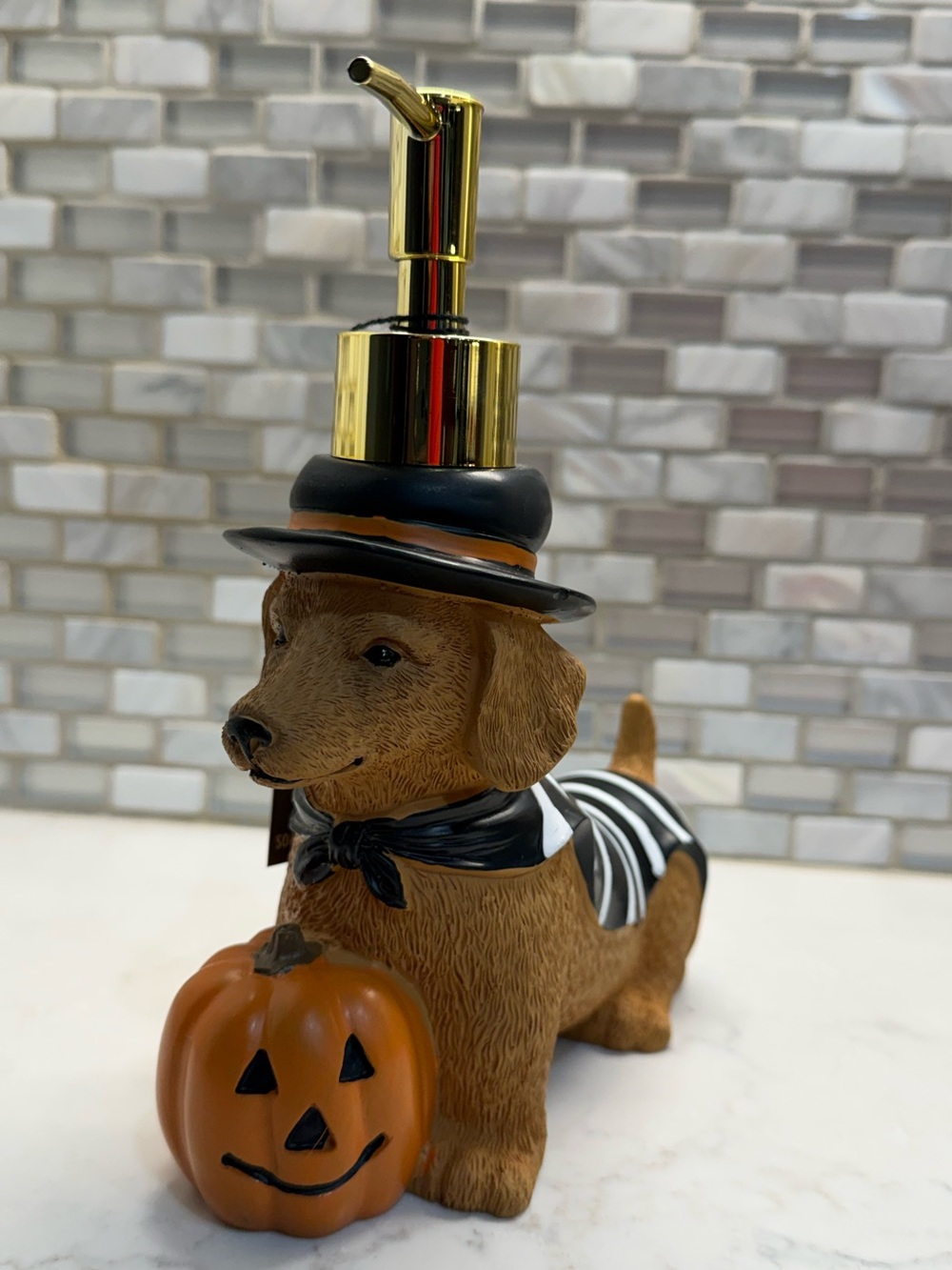 Halloween Dachshund Soap Dispenser - Brown Pumpkin Design
